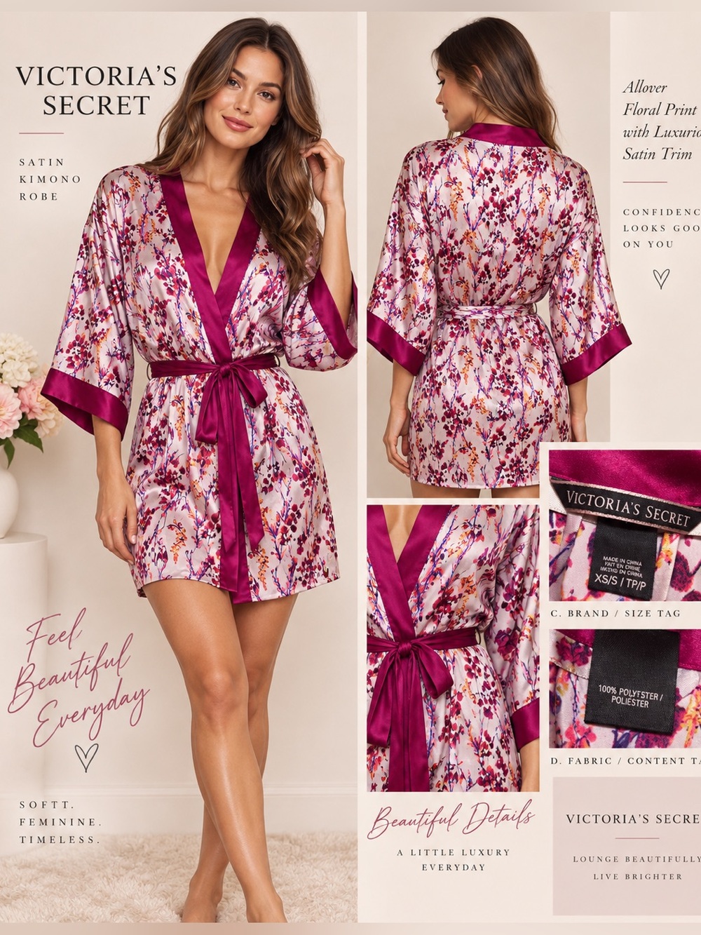 Victoria’s Secret Floral Satin Kimono Robe XS/S Pink Burgundy Belted